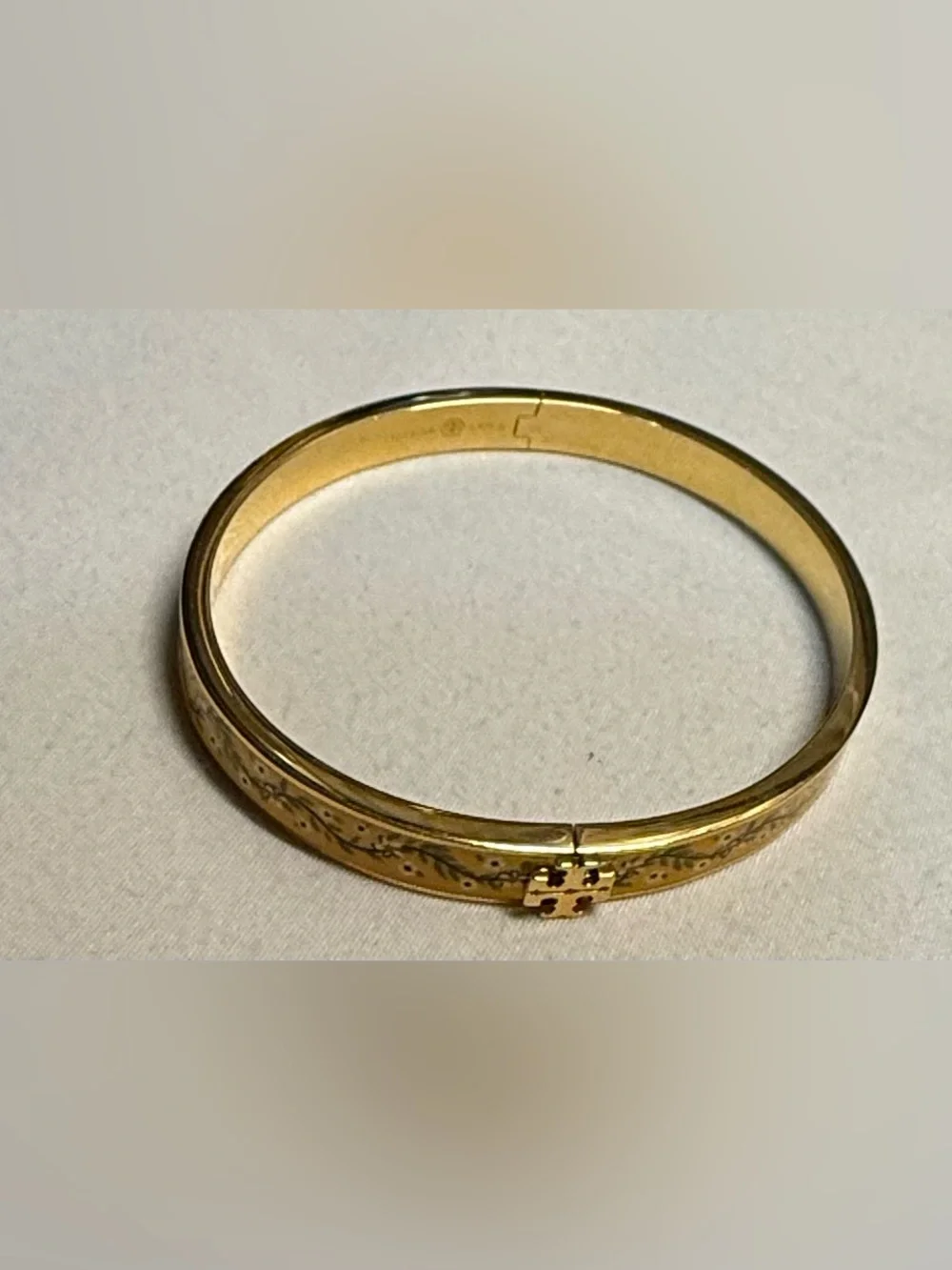 Tory Burch Gold Tone Yellow Floral Enamel Hinged Bangle Bracelet Double T